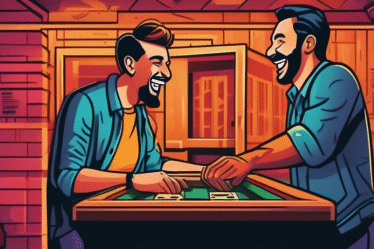 Zwei Personen lachen gemeinsam in einem Escape Room.