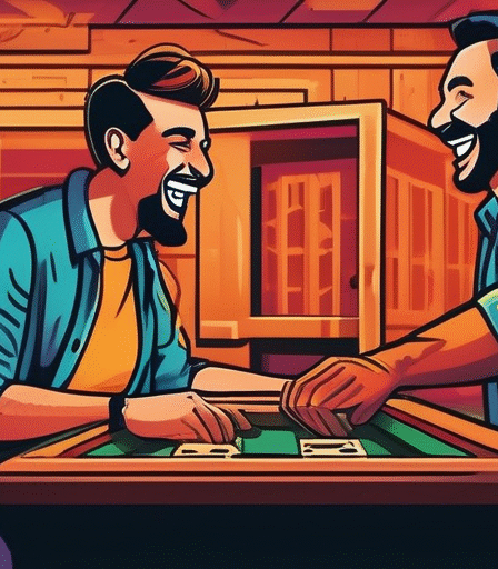 Zwei Personen lachen gemeinsam in einem Escape Room.