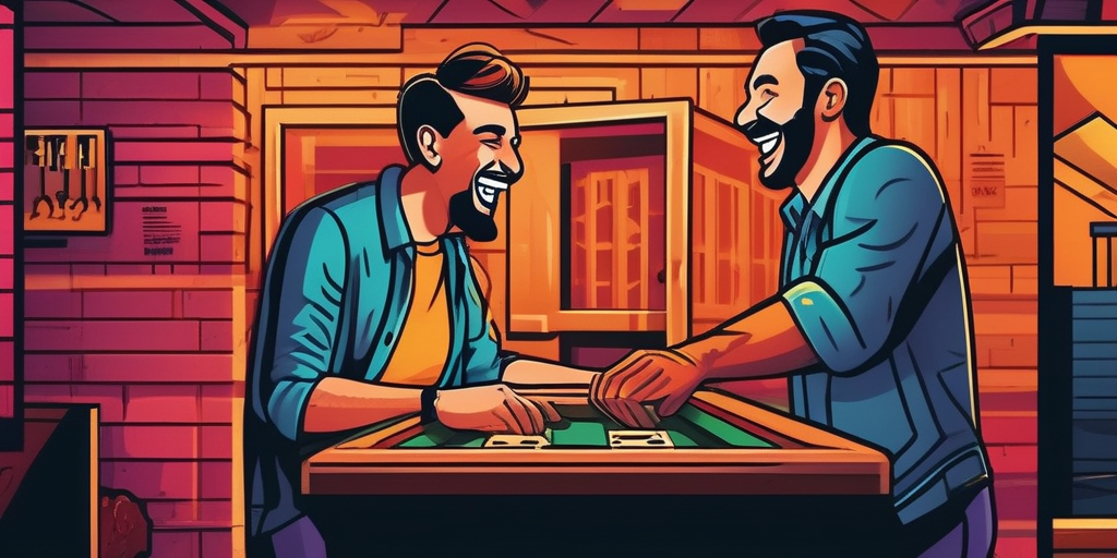 Zwei Personen lachen gemeinsam in einem Escape Room.