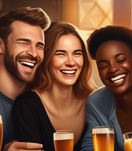 Eine Gruppe von Freunden lacht und erzählt sich Geschichten.
