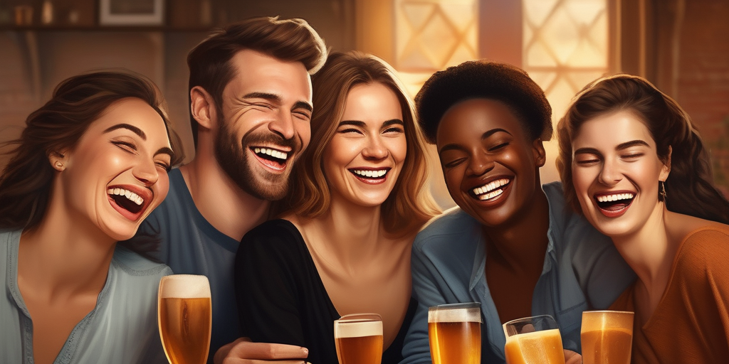 Eine Gruppe von Freunden lacht und erzählt sich Geschichten.