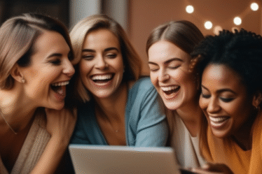 Eine Gruppe von Frauen, die gemeinsam Dating-Profile erstellen – ein Zeichen von Unterstützung und Freundschaft.