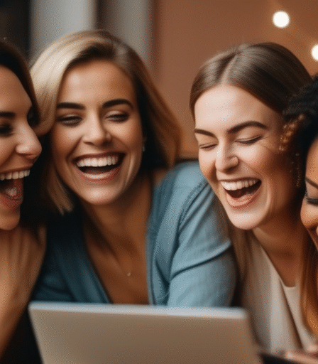 Eine Gruppe von Frauen, die gemeinsam Dating-Profile erstellen – ein Zeichen von Unterstützung und Freundschaft.