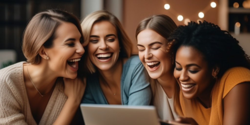 Eine Gruppe von Frauen, die gemeinsam Dating-Profile erstellen – ein Zeichen von Unterstützung und Freundschaft.