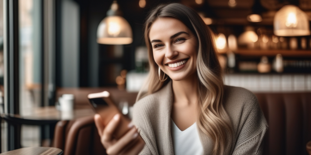 Eine selbstbewusste Frau betrachtet ihr Smartphone mit einem Dating-Profil. Fokus auf Empowerment.
