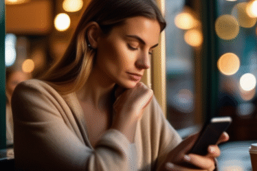 Eine Frau, die nachdenklich auf ihr Handy schaut.