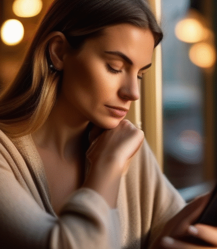 Eine Frau, die nachdenklich auf ihr Handy schaut.