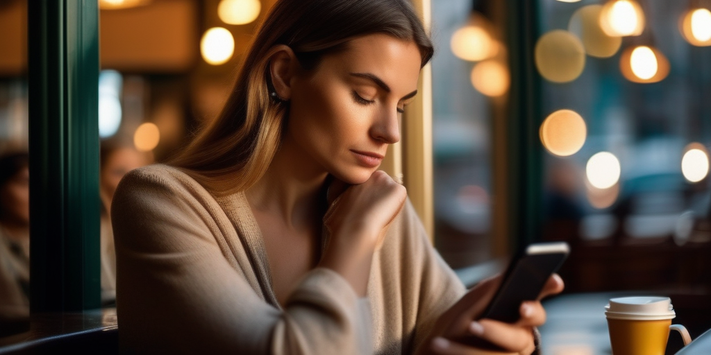 Eine Frau, die nachdenklich auf ihr Handy schaut.