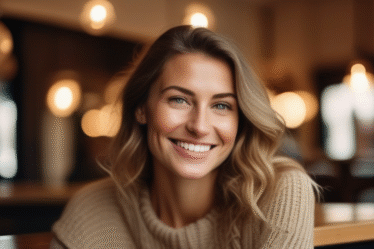 Schöne belgische Frau lächelt in einem gemütlichen Café.