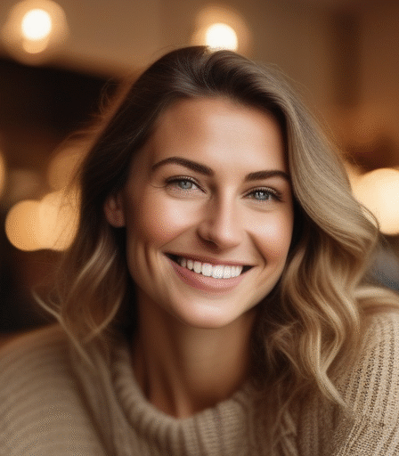Schöne belgische Frau lächelt in einem gemütlichen Café.