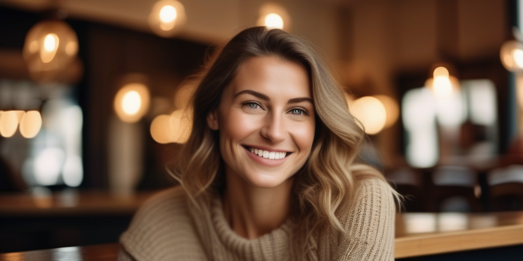 Schöne belgische Frau lächelt in einem gemütlichen Café.