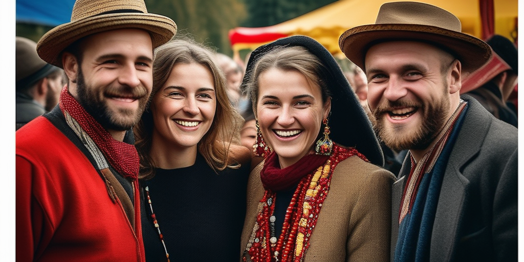 Eine Gruppe belgischer Freunde feiert auf einem traditionellen Festival.