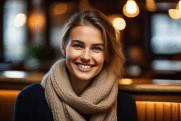 Eine junge Frau lächelt freundlich in einem gemütlichen Hamburger Café.