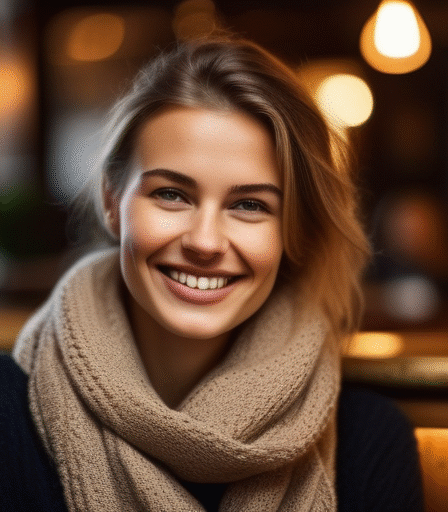 Eine junge Frau lächelt freundlich in einem gemütlichen Hamburger Café.