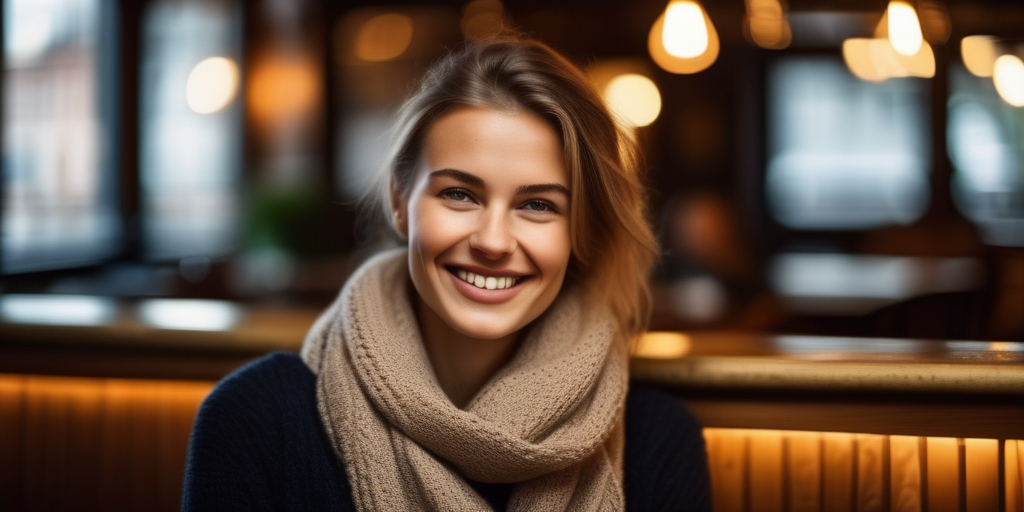 Eine junge Frau lächelt freundlich in einem gemütlichen Hamburger Café.