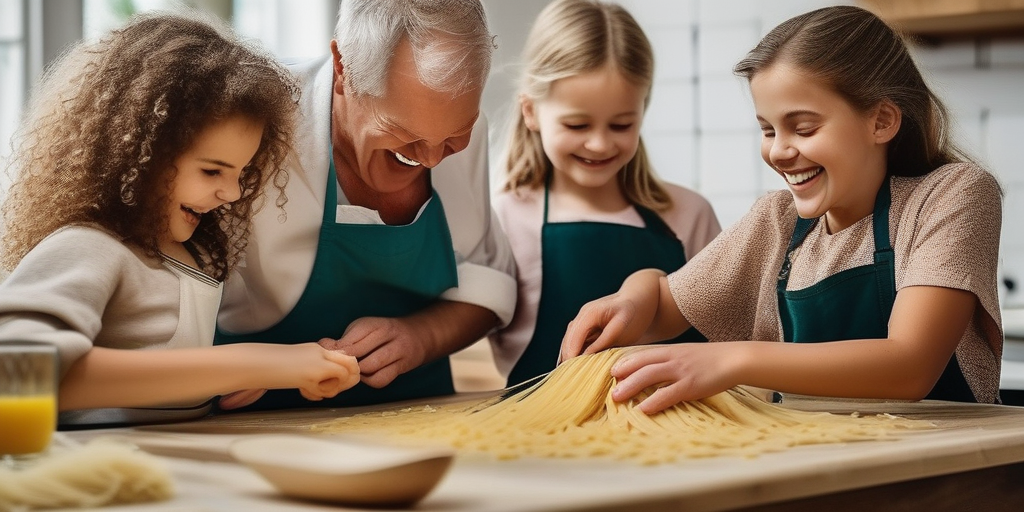 Ein heller Kochkurs, Menschen unterschiedlichen Alters lernen, Pasta zu machen, lachen und haben Spaß.