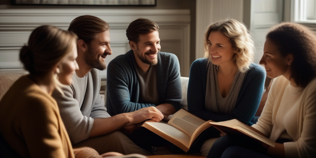 Ein gemütlicher, warm beleuchteter Raum, in dem eine Gruppe von Menschen an einer lebhaften Diskussion in einem Buchclub teilnimmt.
