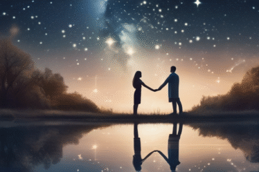 Romantische Illustration von zwei Personen unter einem Sternenhimmel, die astrologische Kompatibilität darstellen.