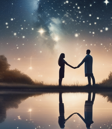 Romantische Illustration von zwei Personen unter einem Sternenhimmel, die astrologische Kompatibilität darstellen.