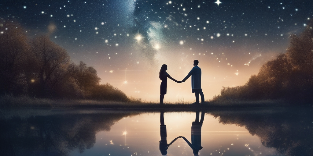 Romantische Illustration von zwei Personen unter einem Sternenhimmel, die astrologische Kompatibilität darstellen.