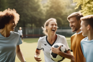 Eine Gruppe von Menschen lacht und spielt Fußball in einem Park, sonniger Tag, Deutschland