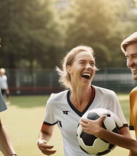 Eine Gruppe von Menschen lacht und spielt Fußball in einem Park, sonniger Tag, Deutschland