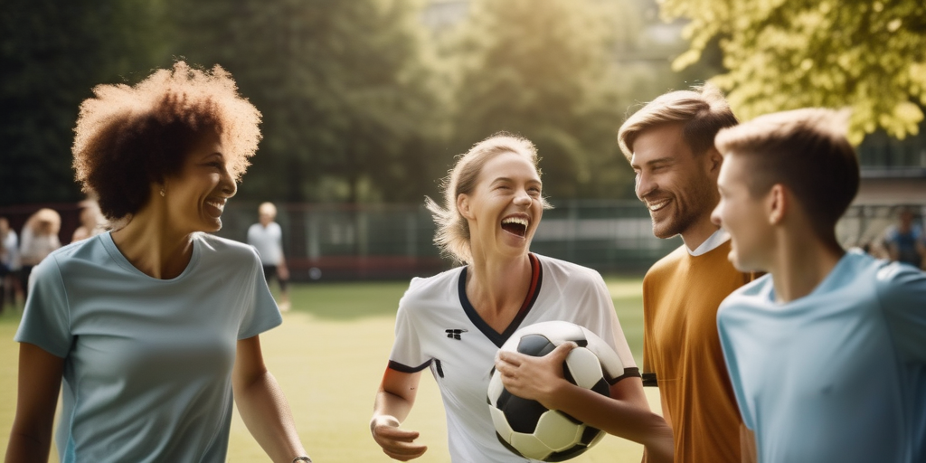 Eine Gruppe von Menschen lacht und spielt Fußball in einem Park, sonniger Tag, Deutschland