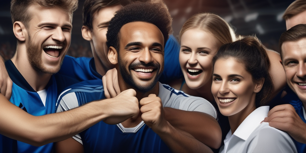 Eine vielfältige Gruppe von Menschen feiert nach einem Sportspiel in einem deutschen Sportverein und vermittelt Teamwork und Kameradschaft.