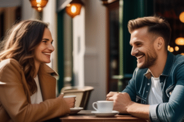 Ein Paar, das sich in einem Café in Deutschland trifft und sich freundlich anlächelt.
