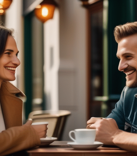 Ein Paar, das sich in einem Café in Deutschland trifft und sich freundlich anlächelt.