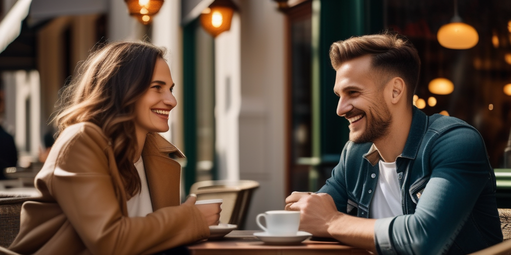 Ein Paar, das sich in einem Café in Deutschland trifft und sich freundlich anlächelt.