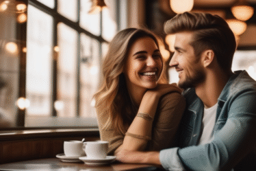 Ein junges Paar lächelt und schaut sich in einem Café an. Ein romantisches Bild.