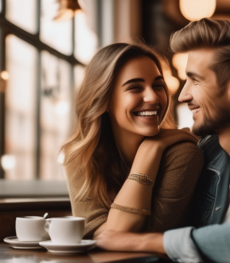 Ein junges Paar lächelt und schaut sich in einem Café an. Ein romantisches Bild.