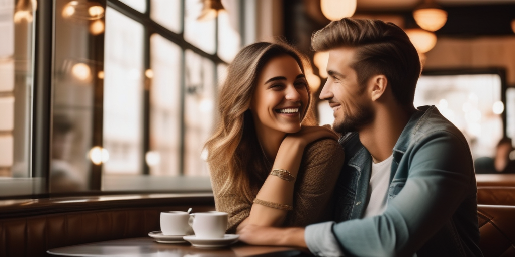 Ein junges Paar lächelt und schaut sich in einem Café an. Ein romantisches Bild.