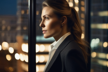 Junge Frau in einem Anzug, die nachdenklich aus dem Fenster schaut, Konzept der Work-Life-Balance