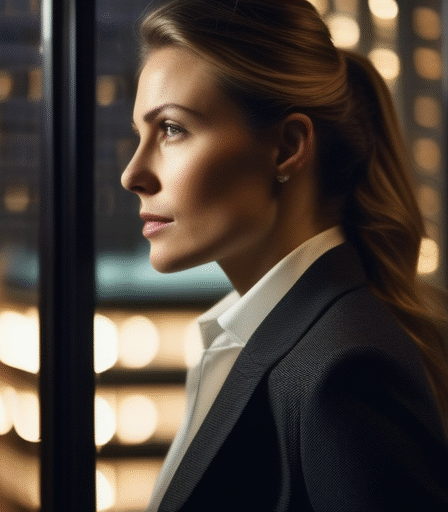 Junge Frau in einem Anzug, die nachdenklich aus dem Fenster schaut, Konzept der Work-Life-Balance