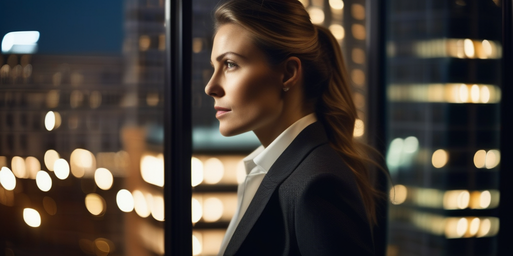 Junge Frau in einem Anzug, die nachdenklich aus dem Fenster schaut, Konzept der Work-Life-Balance