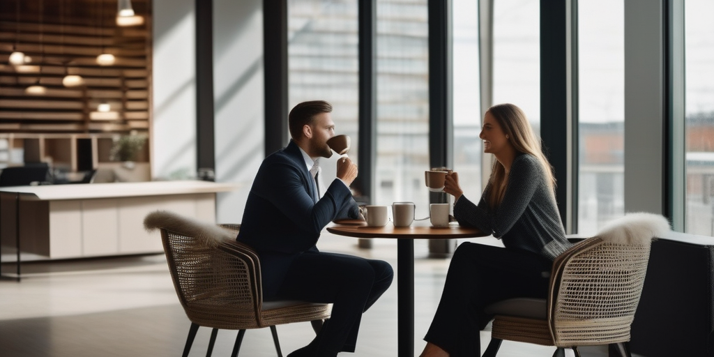 Ein Paar trinkt Kaffee in einem modernen Büro und diskutiert Karriereziele und Beziehungsbedürfnisse.