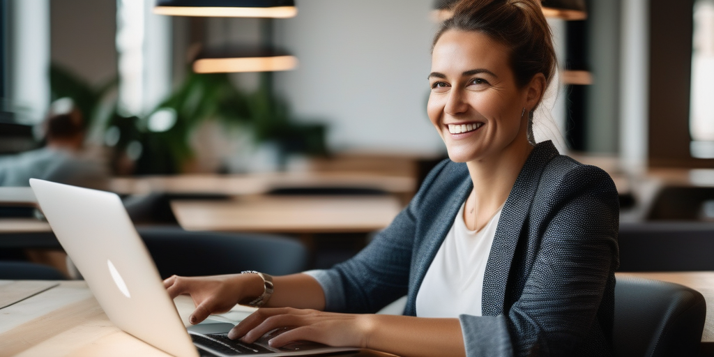 Eine Frau arbeitet selbstbewusst an ihrem Laptop in einem Coworking Space in München.