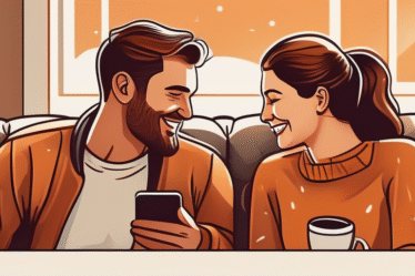 Ein Paar sitzt auf einer gemütlichen Couch und lächelt sich an, während Smartphones auf einem Tisch liegen.