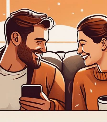 Ein Paar sitzt auf einer gemütlichen Couch und lächelt sich an, während Smartphones auf einem Tisch liegen.