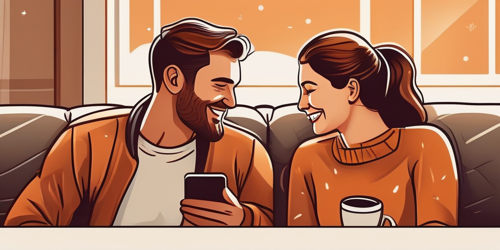 Ein Paar sitzt auf einer gemütlichen Couch und lächelt sich an, während Smartphones auf einem Tisch liegen.