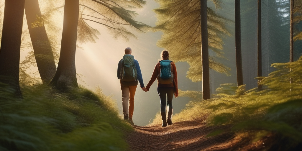 Ein Paar wandert in einem schönen Wald, Hand in Hand und blickt auf die Landschaft. Keine Smartphones in Sicht.