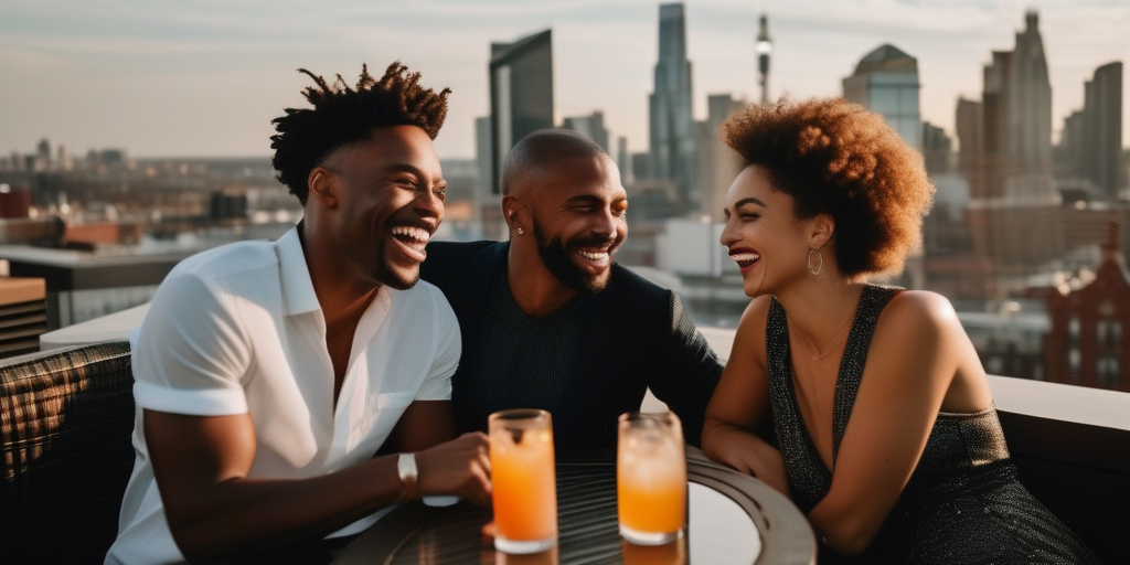 Eine Gruppe von Menschen lacht und genießt sich in einer Bar mit Blick auf die Stadt.