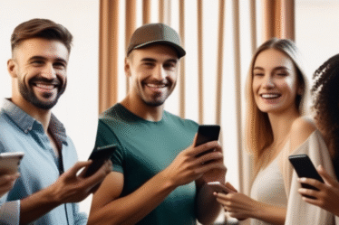 Menschen, die Smartphones benutzen und lächeln, um Online-Dating darzustellen.