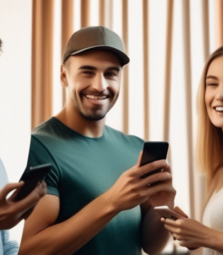 Menschen, die Smartphones benutzen und lächeln, um Online-Dating darzustellen.