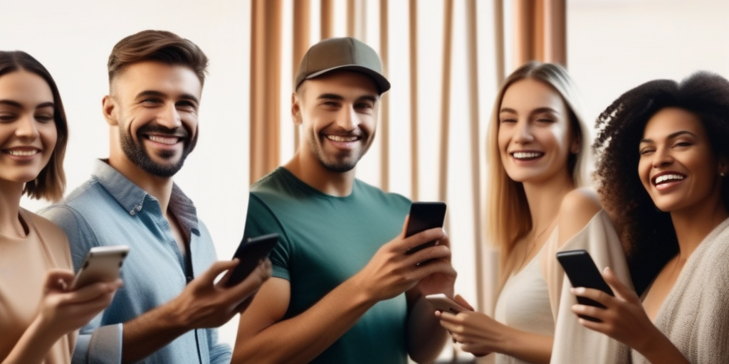 Menschen, die Smartphones benutzen und lächeln, um Online-Dating darzustellen.