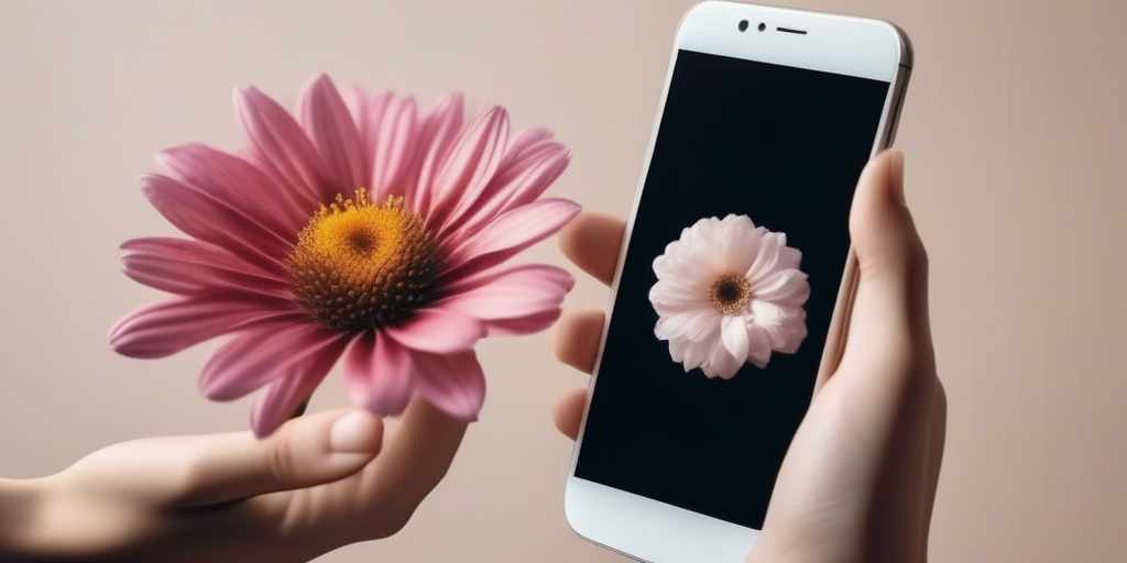 Zwei Hände, die sich ausstrecken, eine hält ein Smartphone, die andere eine Blume. Symbolisch für die Verbindung online und die Bildung einer echten Beziehung.