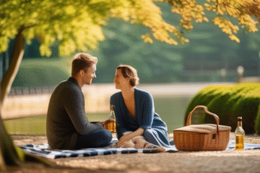 Ein Paar macht ein Picknick in einem japanischen Garten in Hamburg.