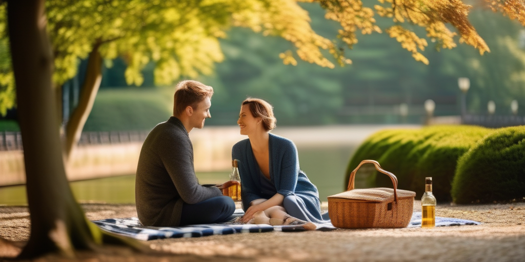 Ein Paar macht ein Picknick in einem japanischen Garten in Hamburg.